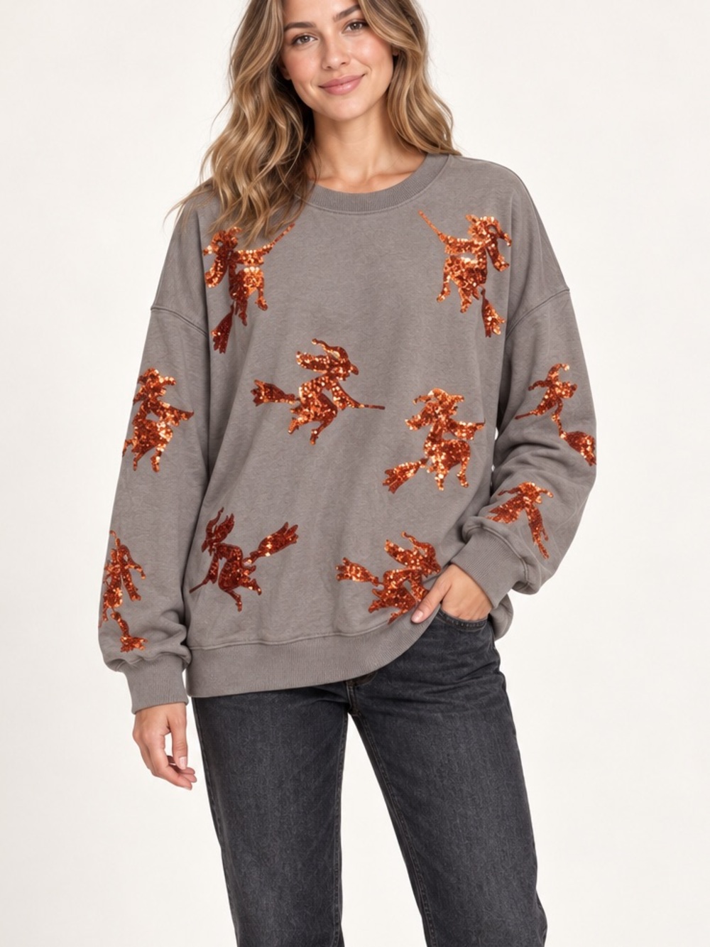 Fantastic Fawn Taupe Gray Tonight We Fly Sweatshirt with Orange Sequin Witches